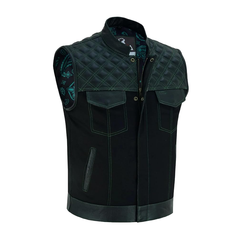 Lesa Collection Men's Green Diamond Padding Leather & Denim